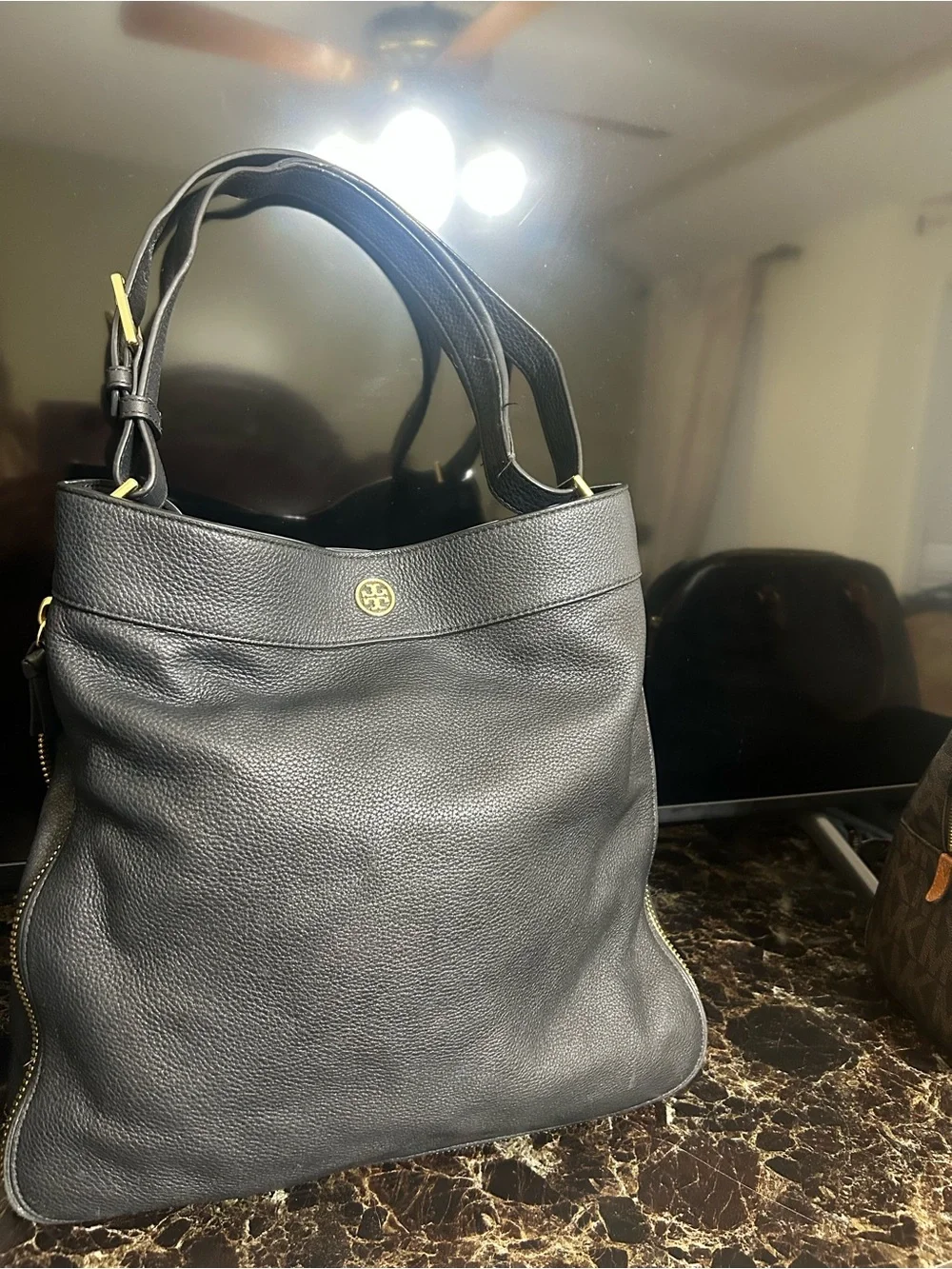 Tory Burch Black Pebbled Leather Hobo Shoulder Bag with Gold Logo Accent